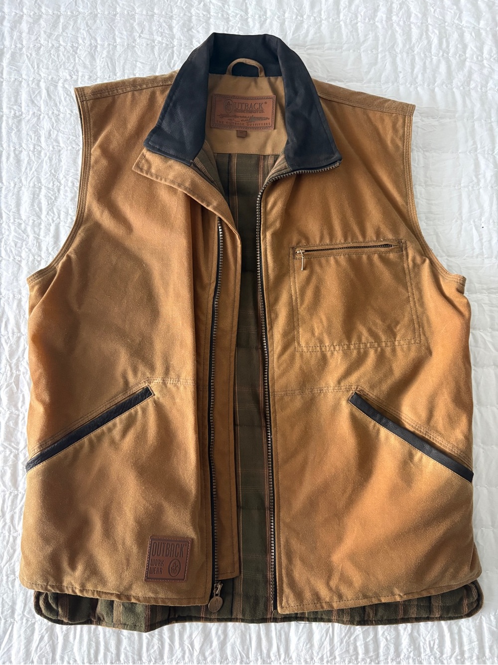 Outback Heritage Men's Tan Duck Canvas Vest with Dark Contrast Collar